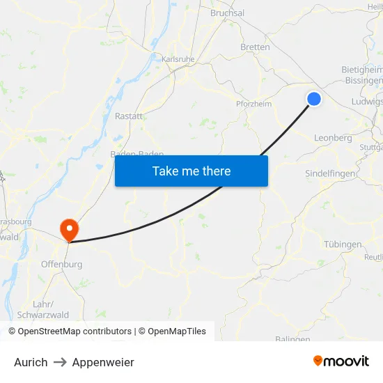 Aurich to Appenweier map