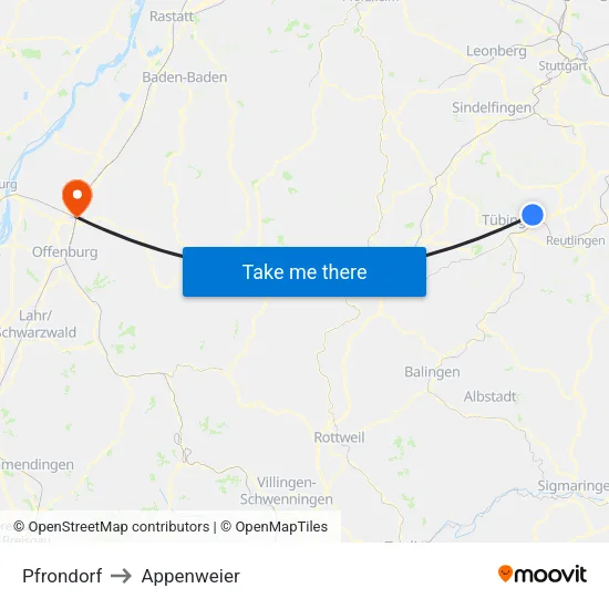 Pfrondorf to Appenweier map