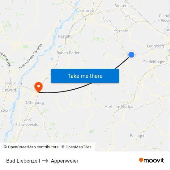 Bad Liebenzell to Appenweier map