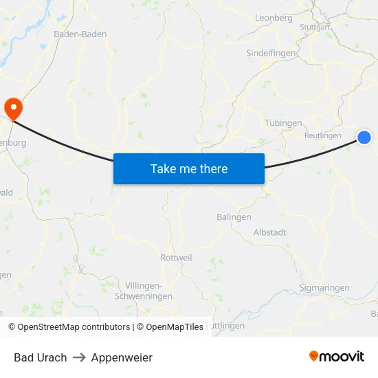 Bad Urach to Appenweier map