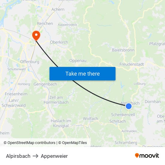 Alpirsbach to Appenweier map