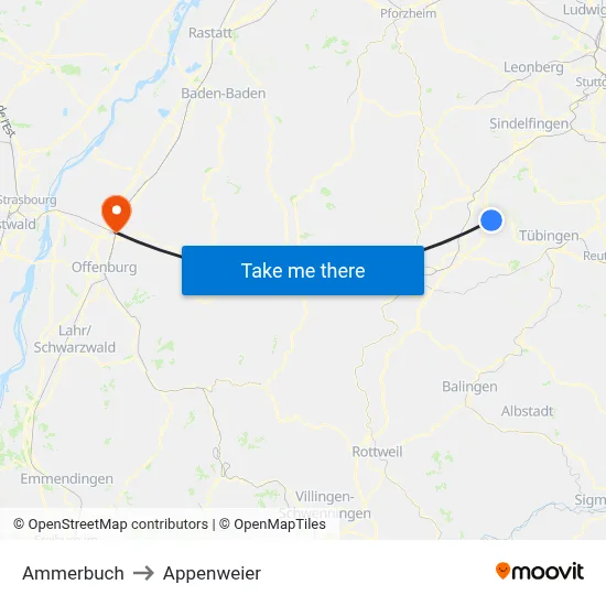 Ammerbuch to Appenweier map