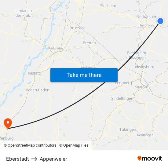 Eberstadt to Appenweier map