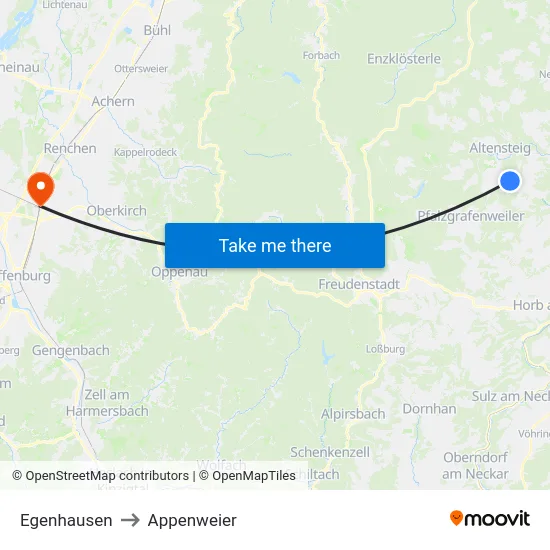 Egenhausen to Appenweier map