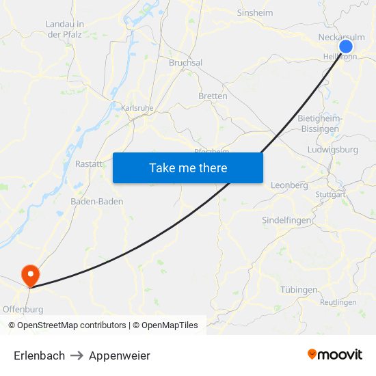 Erlenbach to Appenweier map