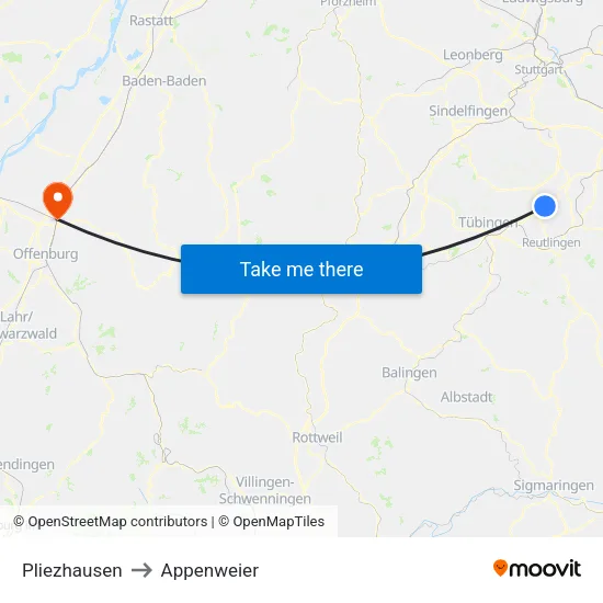 Pliezhausen to Appenweier map