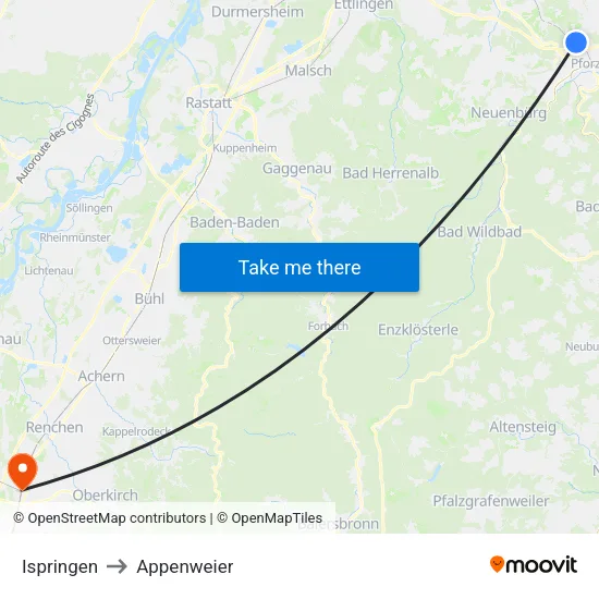 Ispringen to Appenweier map