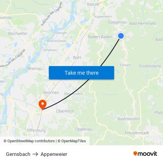 Gernsbach to Appenweier map