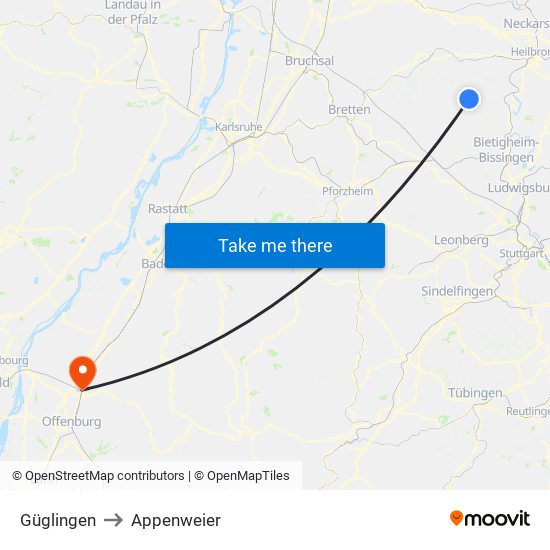 Güglingen to Appenweier map