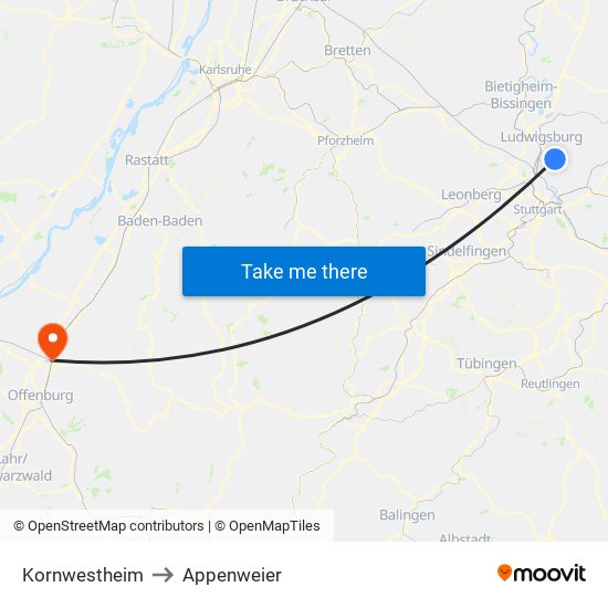 Kornwestheim to Appenweier map