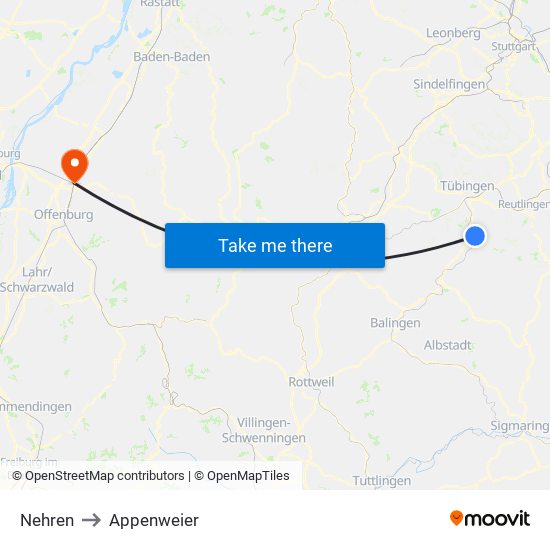 Nehren to Appenweier map