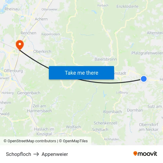 Schopfloch to Appenweier map