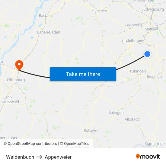 Waldenbuch to Appenweier map