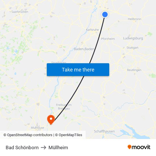 Bad Schönborn to Müllheim map