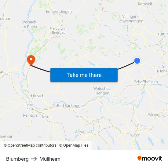 Blumberg to Müllheim map