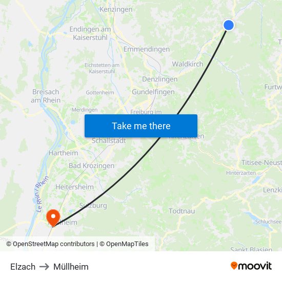 Elzach to Müllheim map