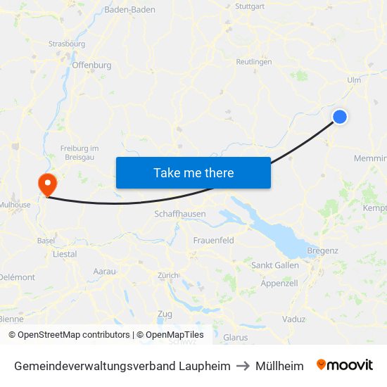 Gemeindeverwaltungsverband Laupheim to Müllheim map