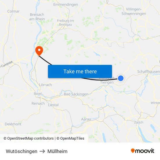 Wutöschingen to Müllheim map