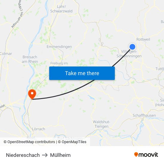 Niedereschach to Müllheim map