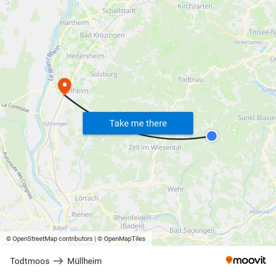 Todtmoos to Müllheim map