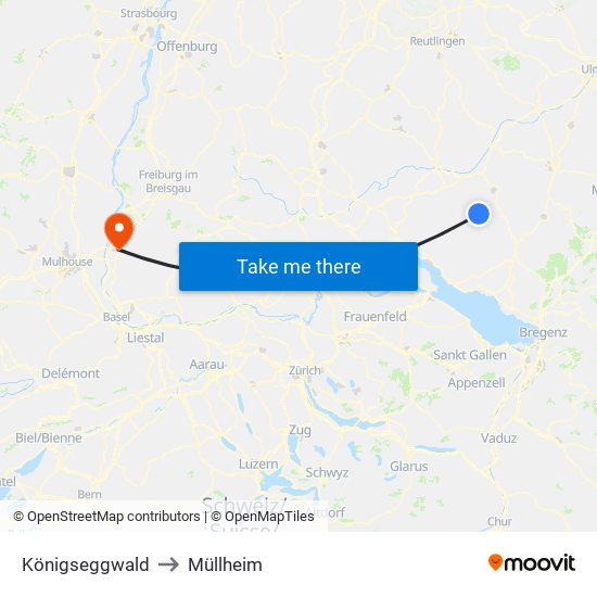 Königseggwald to Müllheim map