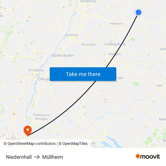 Niedernhall to Müllheim map