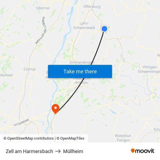 Zell am Harmersbach to Müllheim map