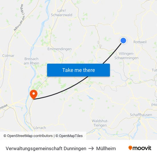 Verwaltungsgemeinschaft Dunningen to Müllheim map