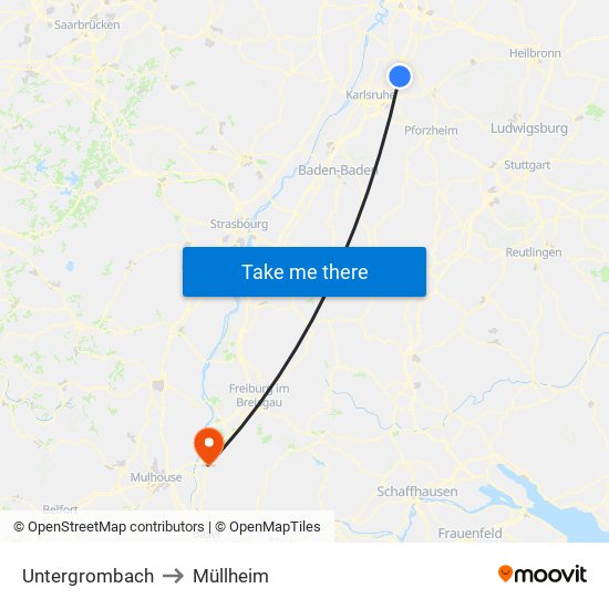 Untergrombach to Müllheim map