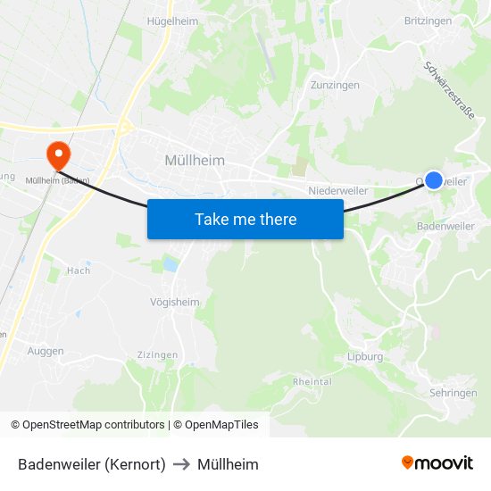 Badenweiler (Kernort) to Müllheim map