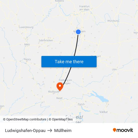 Ludwigshafen-Oppau to Müllheim map