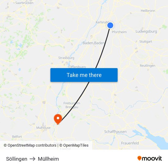 Söllingen to Müllheim map