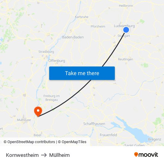 Kornwestheim to Müllheim map