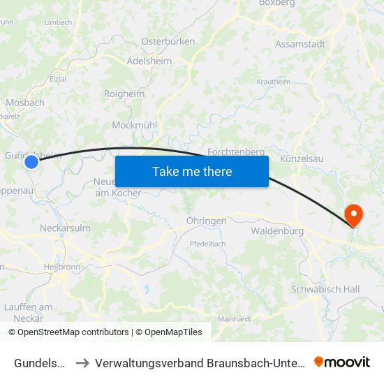 Gundelsheim to Verwaltungsverband Braunsbach-Untermünkheim map