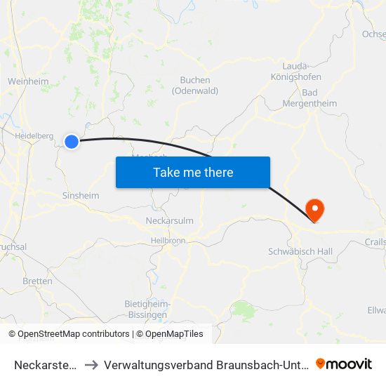 Neckarsteinach to Verwaltungsverband Braunsbach-Untermünkheim map