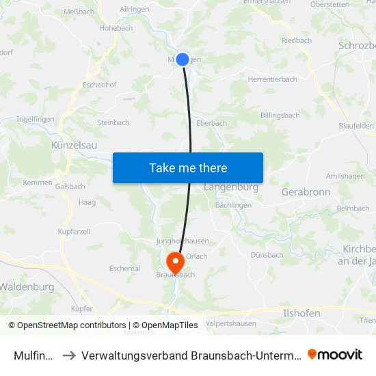 Mulfingen to Verwaltungsverband Braunsbach-Untermünkheim map