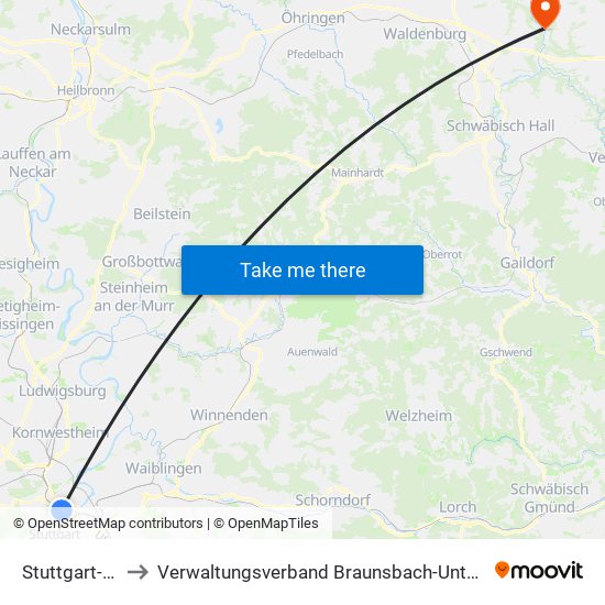 Stuttgart-Nord to Verwaltungsverband Braunsbach-Untermünkheim map