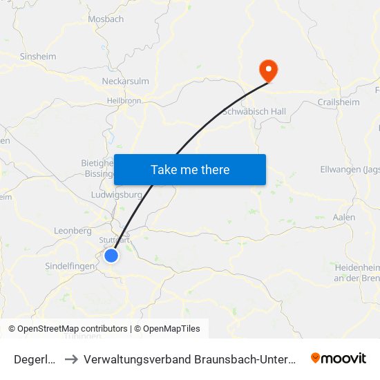 Degerloch to Verwaltungsverband Braunsbach-Untermünkheim map