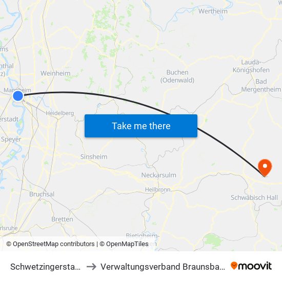 Schwetzingerstadt/Oststadt to Verwaltungsverband Braunsbach-Untermünkheim map