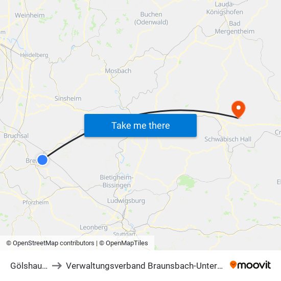 Gölshausen to Verwaltungsverband Braunsbach-Untermünkheim map