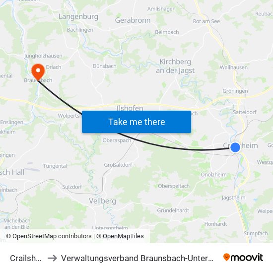 Crailsheim to Verwaltungsverband Braunsbach-Untermünkheim map