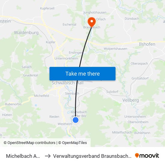 Michelbach An Der Bilz to Verwaltungsverband Braunsbach-Untermünkheim map