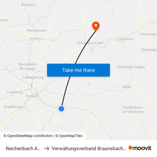 Reichenbach An Der Fils to Verwaltungsverband Braunsbach-Untermünkheim map