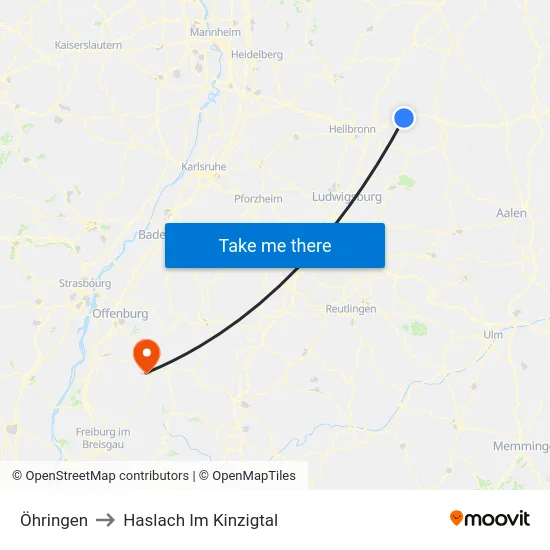 Öhringen to Haslach Im Kinzigtal map