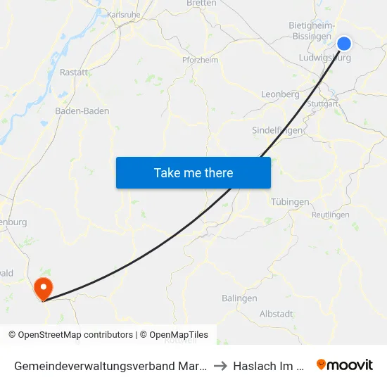 Gemeindeverwaltungsverband Marbach am Neckar to Haslach Im Kinzigtal map