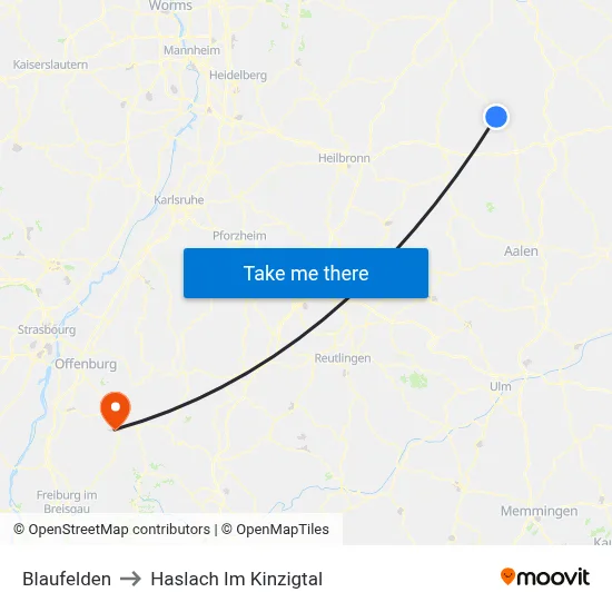 Blaufelden to Haslach Im Kinzigtal map