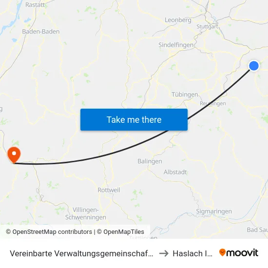 Vereinbarte Verwaltungsgemeinschaft Der Stadt Kirchheim Unter Teck to Haslach Im Kinzigtal map