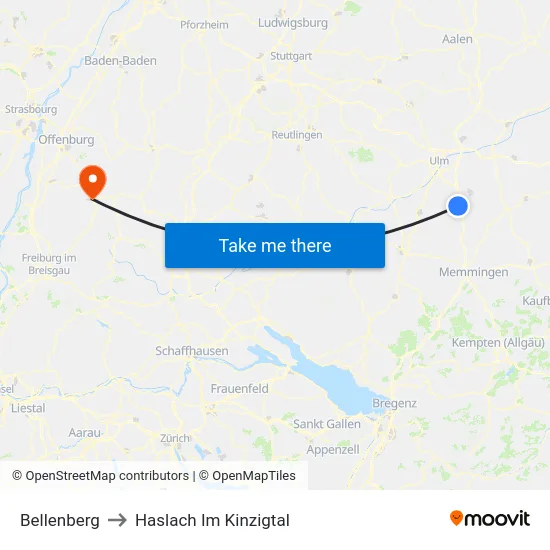 Bellenberg to Haslach Im Kinzigtal map