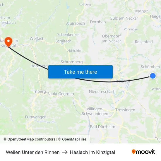 Weilen Unter den Rinnen to Haslach Im Kinzigtal map