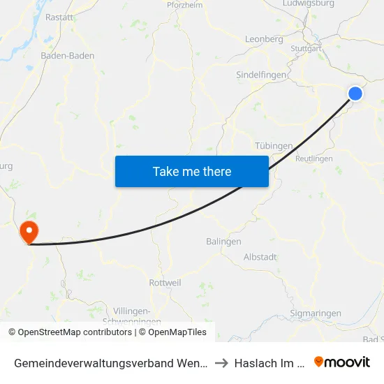 Gemeindeverwaltungsverband Wendlingen am Neckar to Haslach Im Kinzigtal map